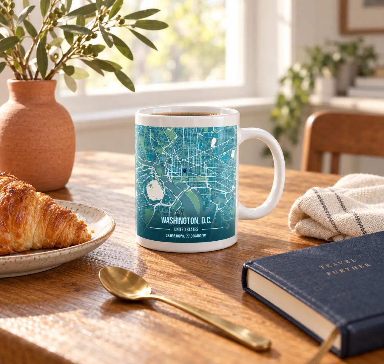 Custom map mug on a table